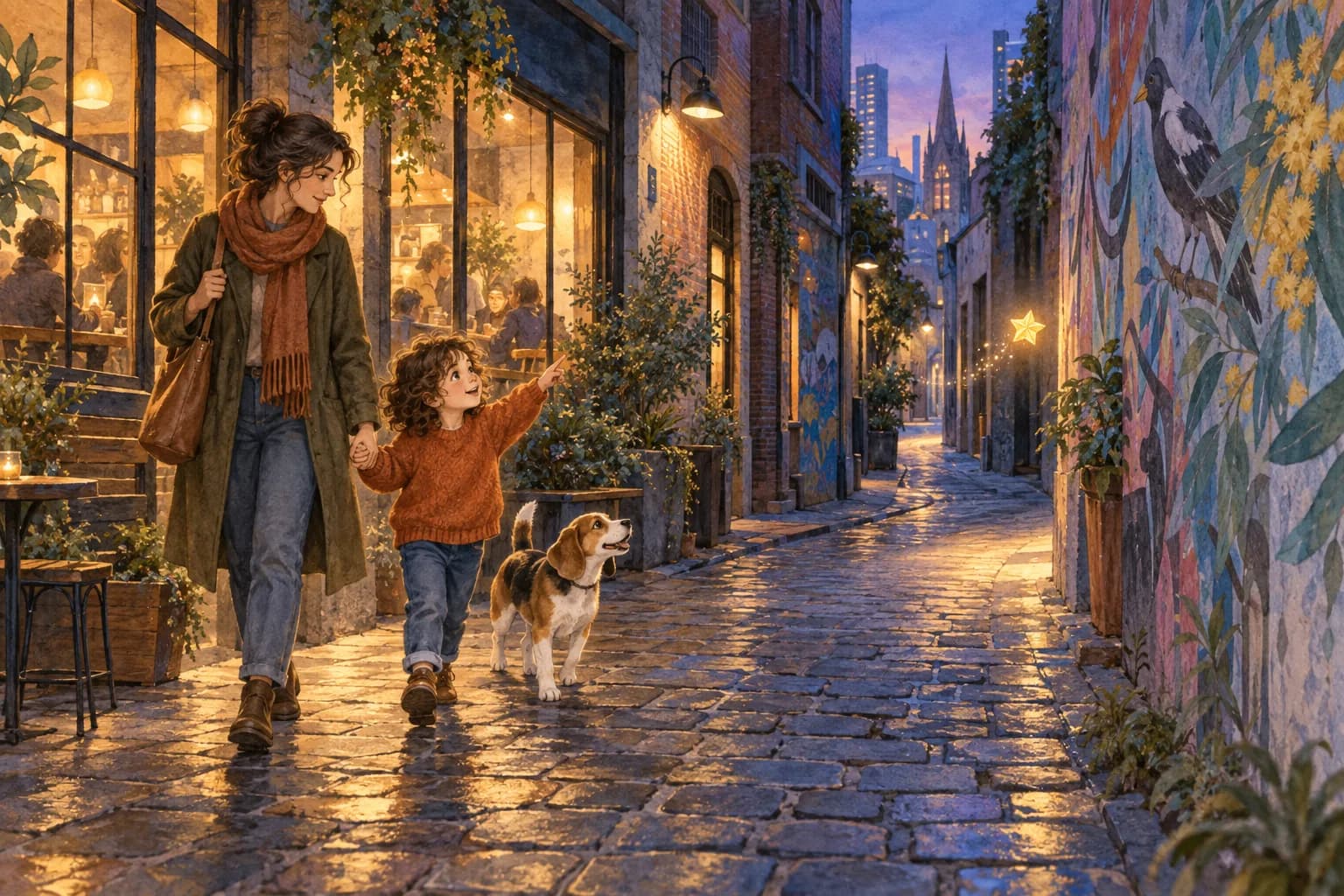 AI-generated watercolour-style concept art of a child, parent and dog in a Melbourne laneway