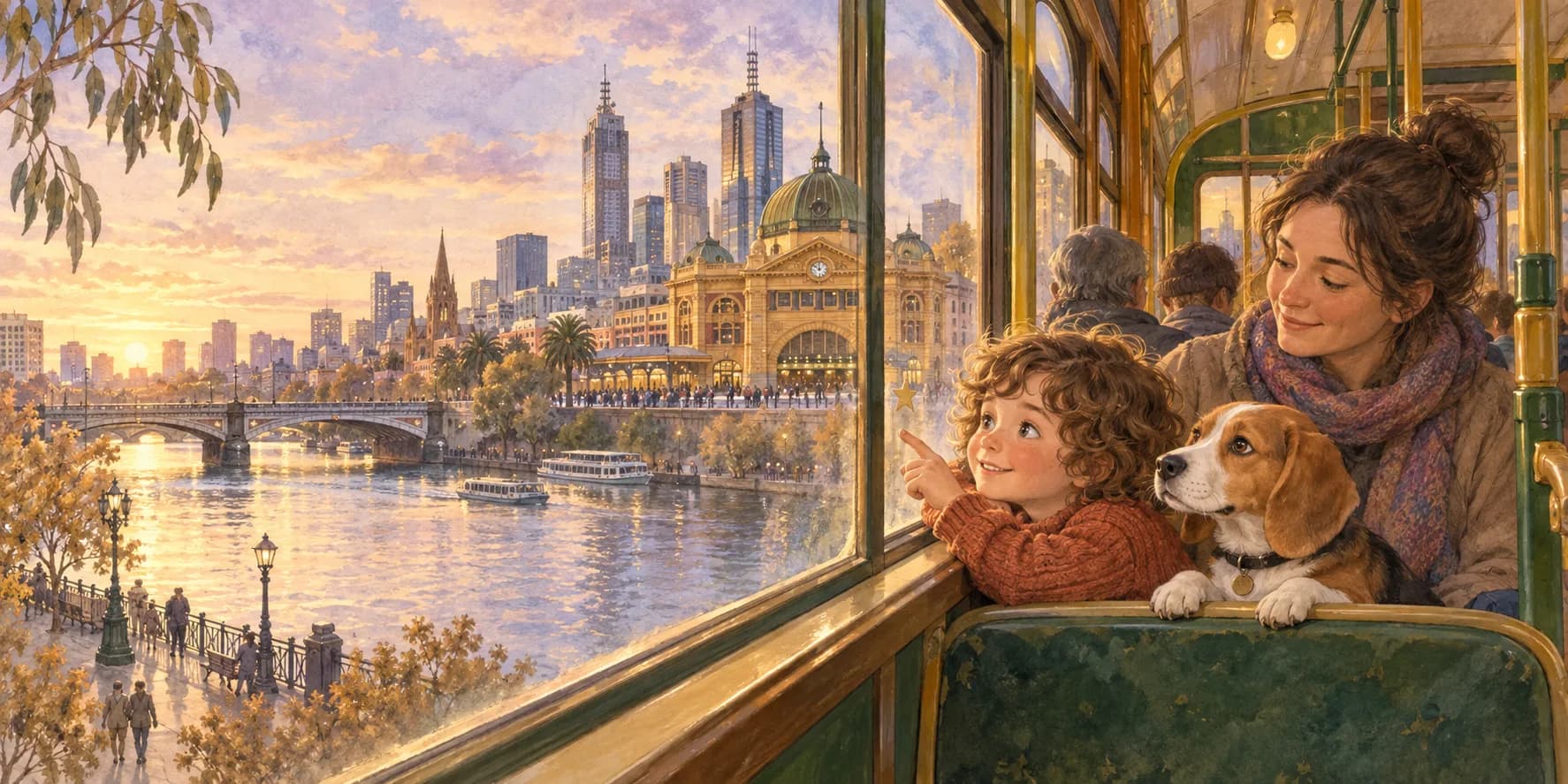 Fictional storybook illustration of a family on a Melbourne tram with a city view