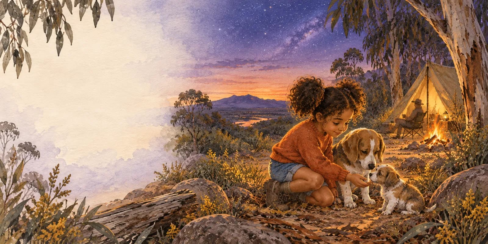 A child and family beagle meet a lost puppy by a bush campsite